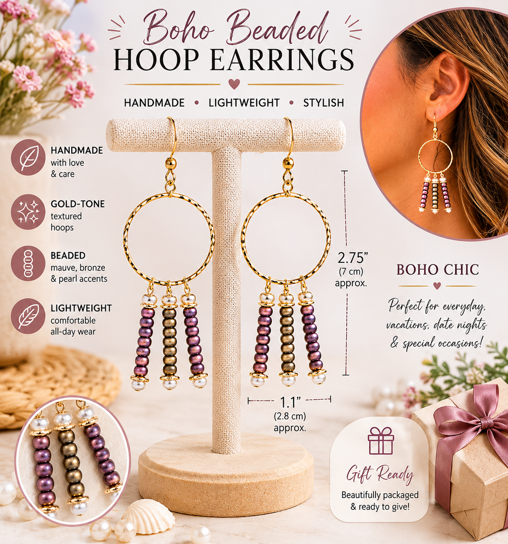 Boho Beaded Hoop Earrings | Gold Circle Dangle Earrings | Lightweight Handmade Earrings | Neutral Pearl Accent Boutique Jewelry Gift for Her