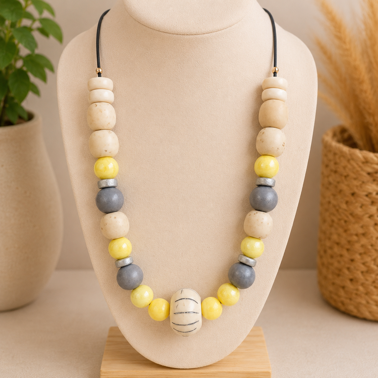 Yellow & Gray Beaded Statement Necklace | Handmade Artisan Necklace | Modern Boho Jewelry | Neutral Statement Necklace | One of a Kind Gift