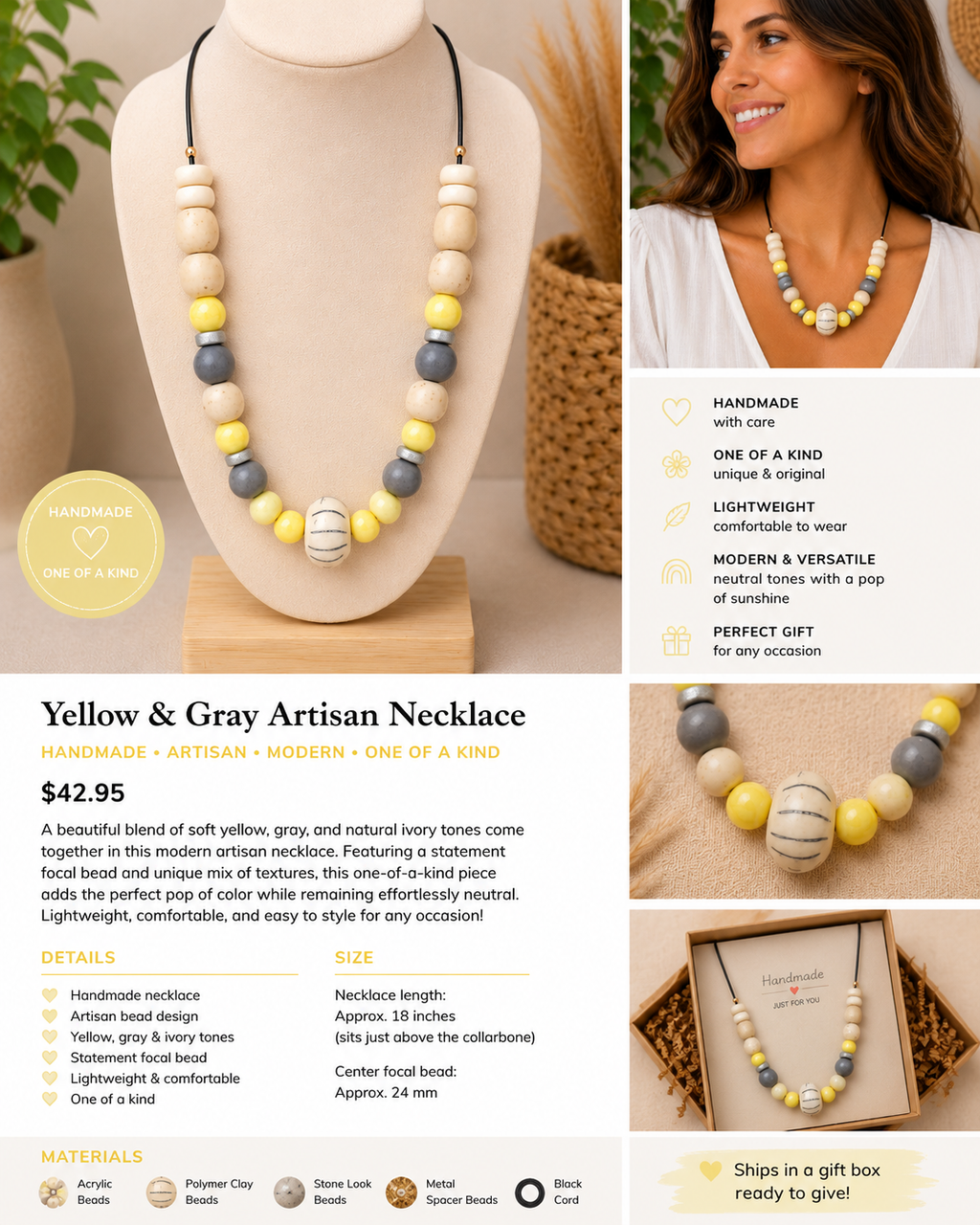 Yellow & Gray Beaded Statement Necklace | Handmade Artisan Necklace | Modern Boho Jewelry | Neutral Statement Necklace | One of a Kind Gift