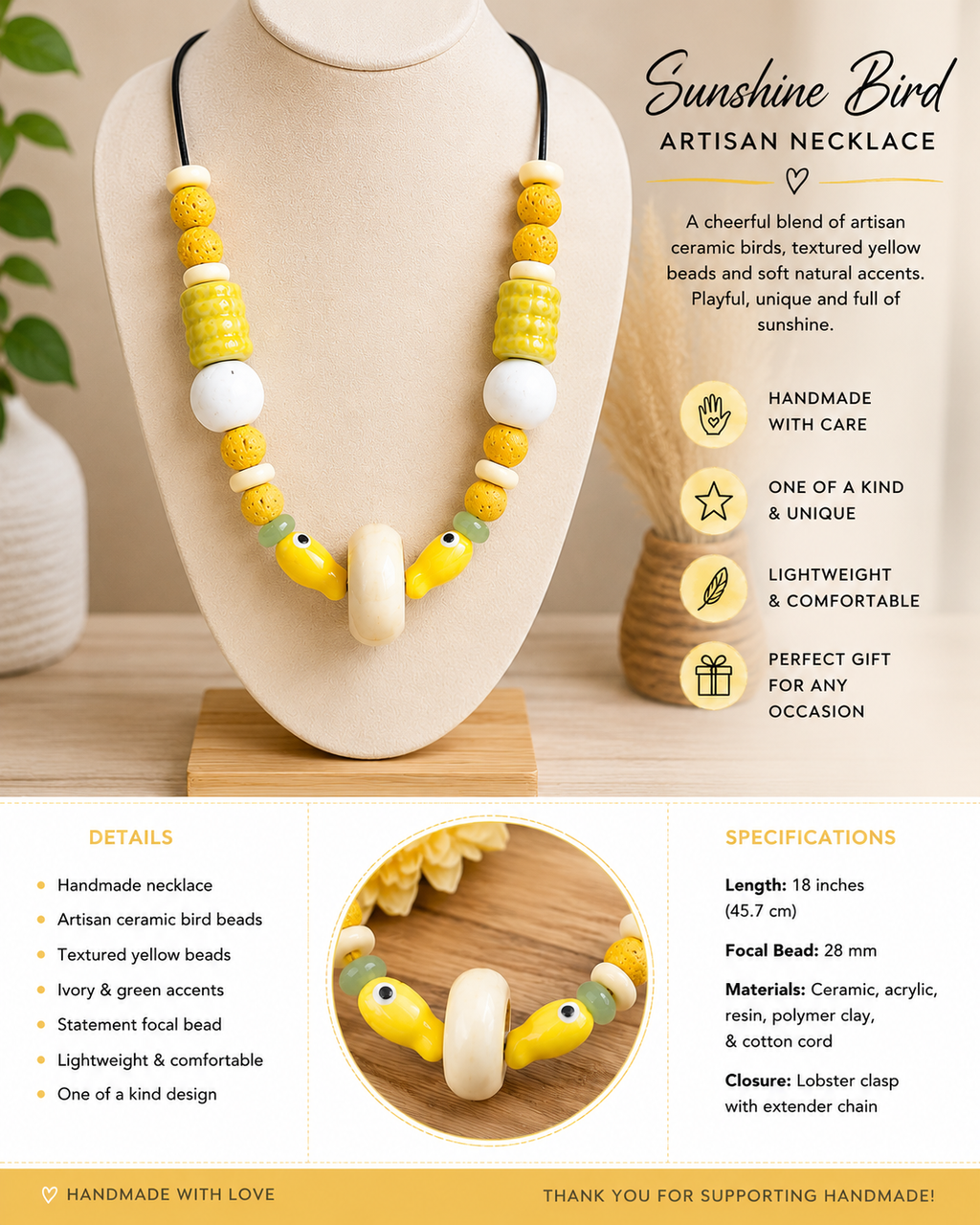 Yellow & Gray Fish Beaded Statement Necklace | Handmade Artisan Necklace | Modern Boho Jewelry | Neutral Statement Necklace | One of a Kind Gift