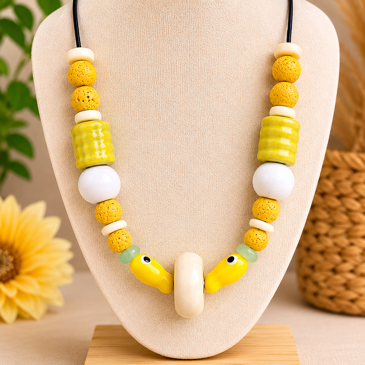 Yellow & Gray Fish Beaded Statement Necklace | Handmade Artisan Necklace | Modern Boho Jewelry | Neutral Statement Necklace | One of a Kind Gift