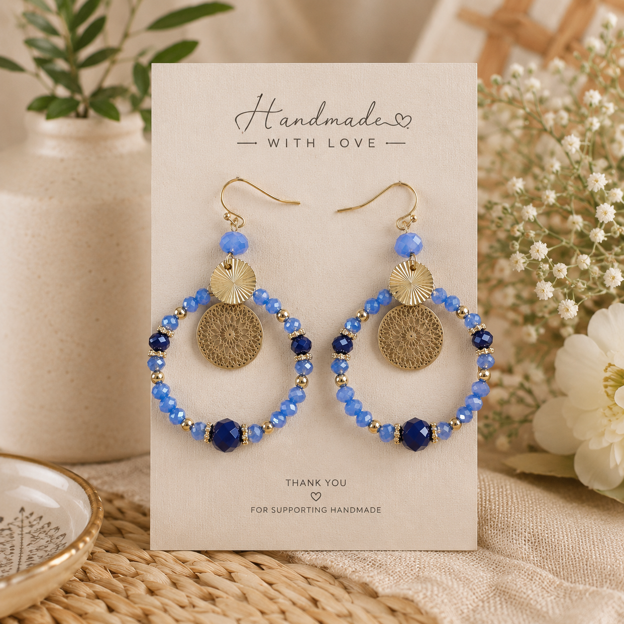 Blue Crystal Hoop Earrings | Handmade Beaded Earrings | Silver Dangle Earrings | Boho Statement Earrings | Lightweight Gift for Her