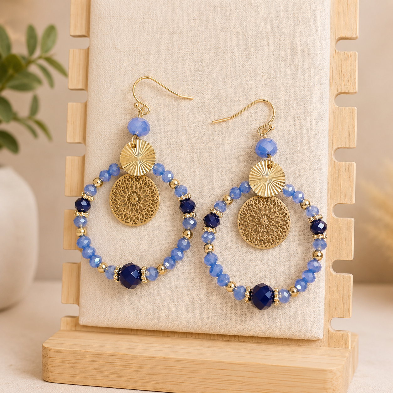 Blue Crystal Hoop Earrings | Handmade Beaded Earrings | Silver Dangle Earrings | Boho Statement Earrings | Lightweight Gift for Her