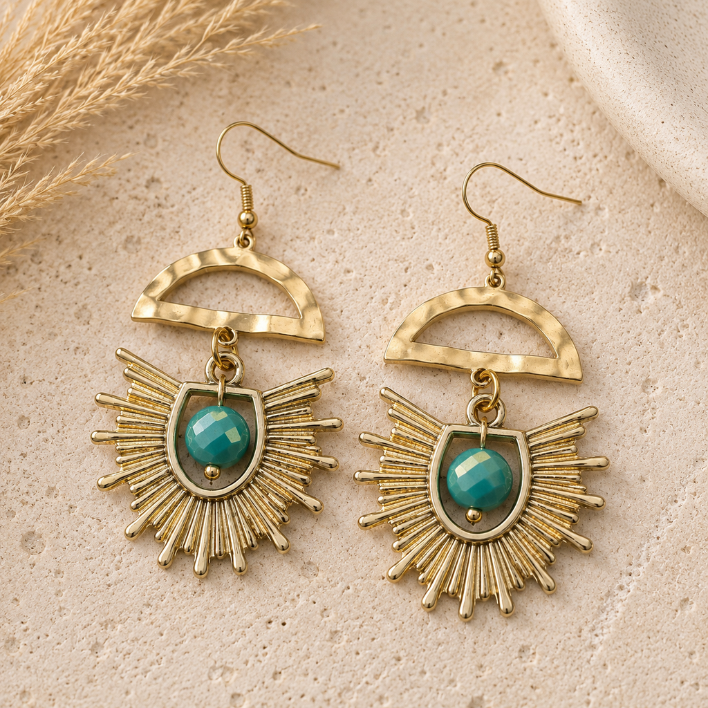 Gold Pink or Turqouise Sunburst Statement Earrings | White Stone Boho Earrings Geometric Gold Dangle Earrings | Lightweight Boutique Jewelry Gift for Her
