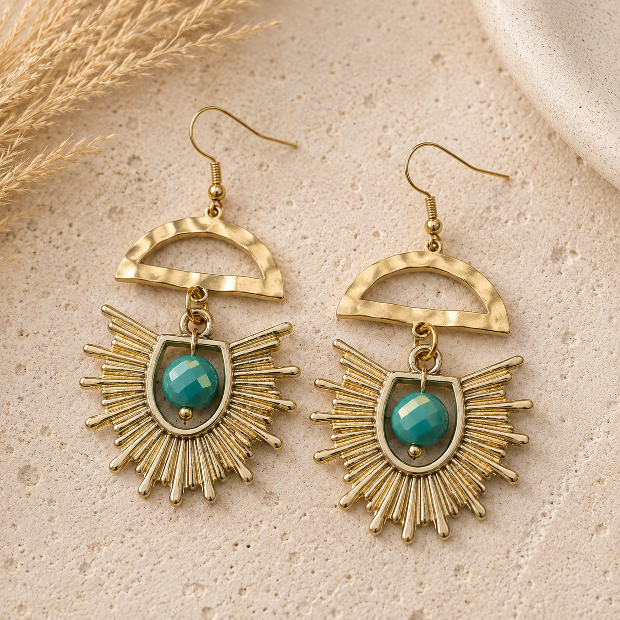 Gold Pink or Turqouise Sunburst Statement Earrings | White Stone Boho Earrings Geometric Gold Dangle Earrings | Lightweight Boutique Jewelry Gift for Her