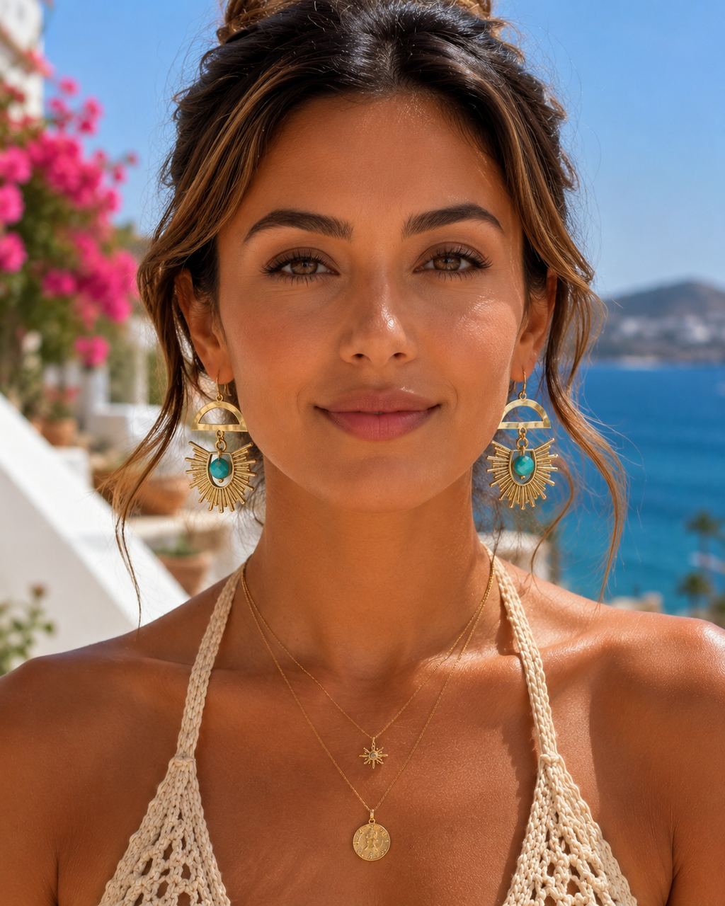 Gold Pink or Turqouise Sunburst Statement Earrings | White Stone Boho Earrings Geometric Gold Dangle Earrings | Lightweight Boutique Jewelry Gift for Her