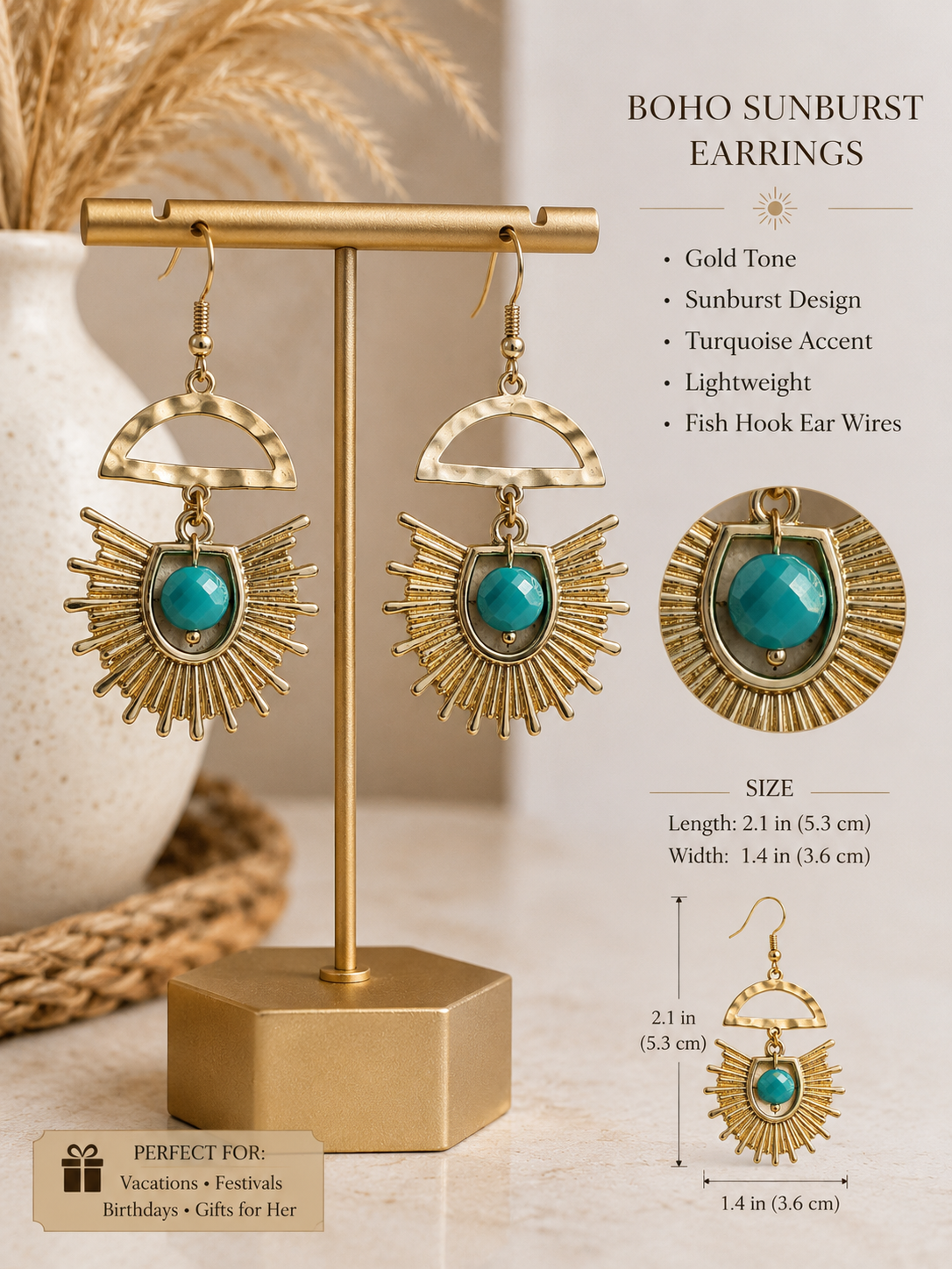 Gold Pink or Turqouise Sunburst Statement Earrings | White Stone Boho Earrings Geometric Gold Dangle Earrings | Lightweight Boutique Jewelry Gift for Her