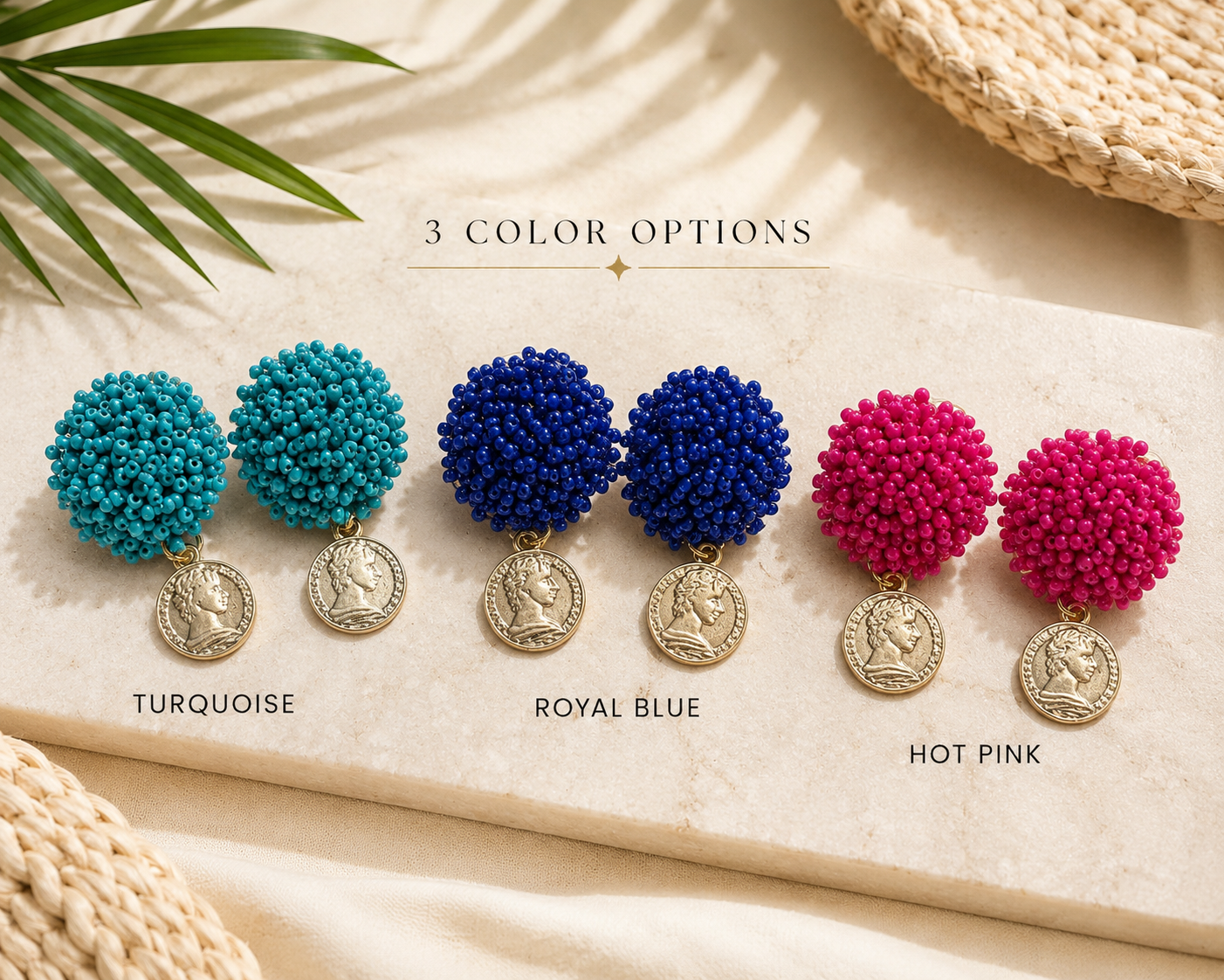 Colorful Hot Pink, Turquoise, or Royal Blue Beaded Coin Summer Earrings Gifts