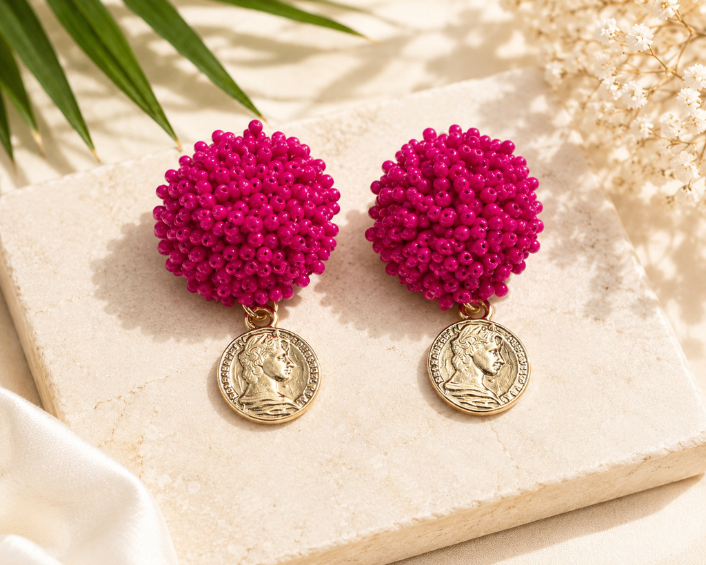Colorful Hot Pink, Turquoise, or Royal Blue Beaded Coin Summer Earrings Gifts