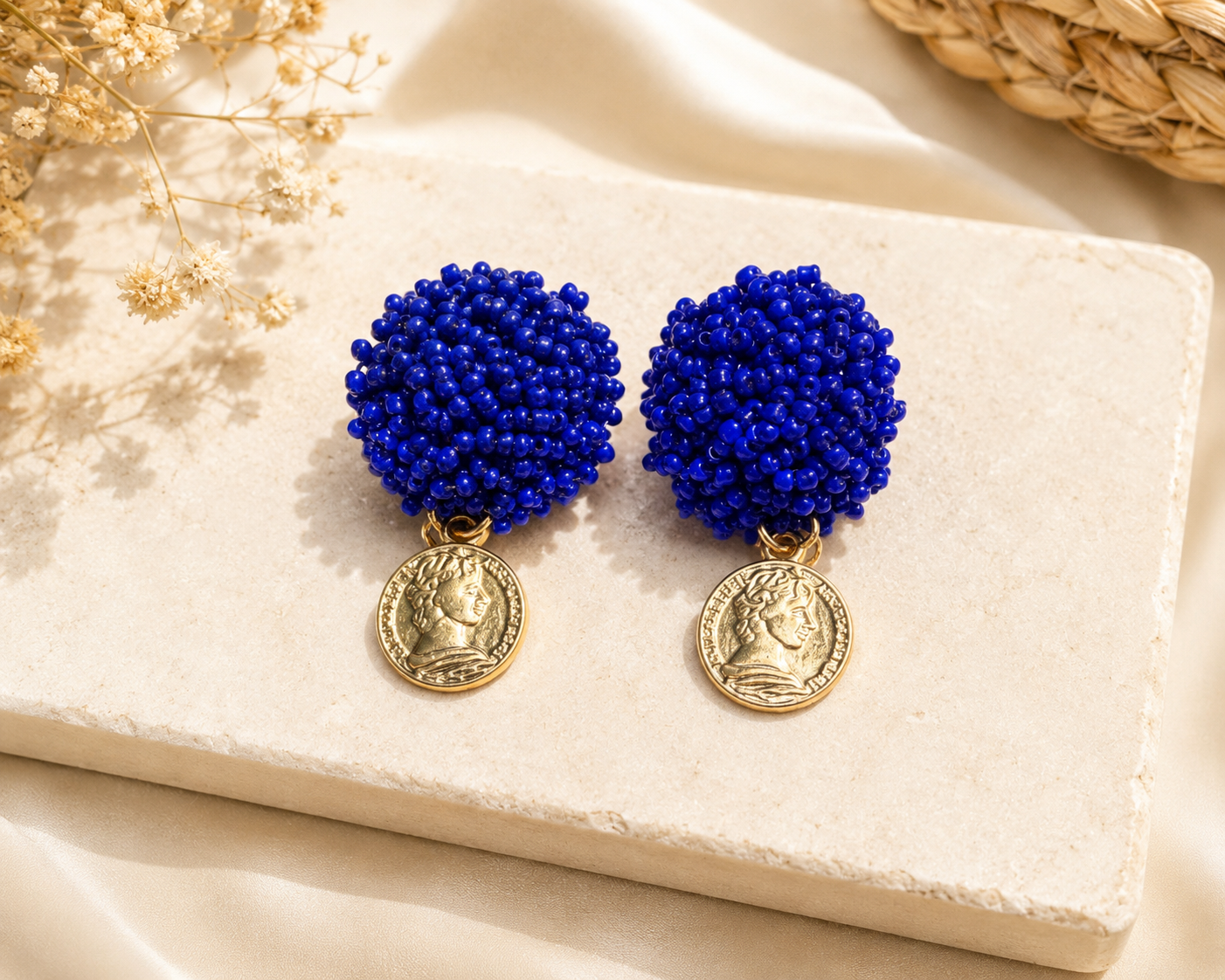Colorful Hot Pink, Turquoise, or Royal Blue Beaded Coin Summer Earrings Gifts