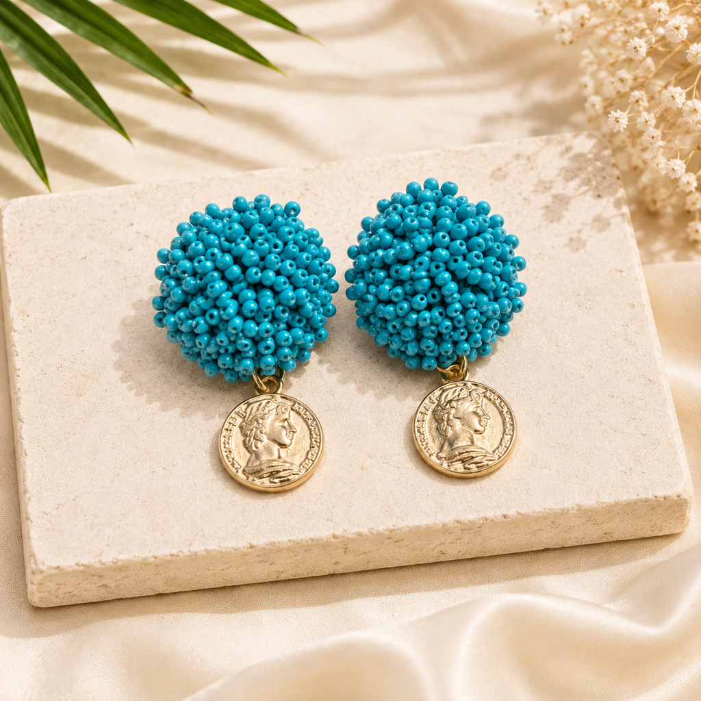 Colorful Hot Pink, Turquoise, or Royal Blue Beaded Coin Summer Earrings Gifts