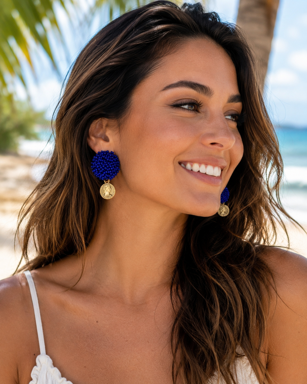Colorful Hot Pink, Turquoise, or Royal Blue Beaded Coin Summer Earrings Gifts