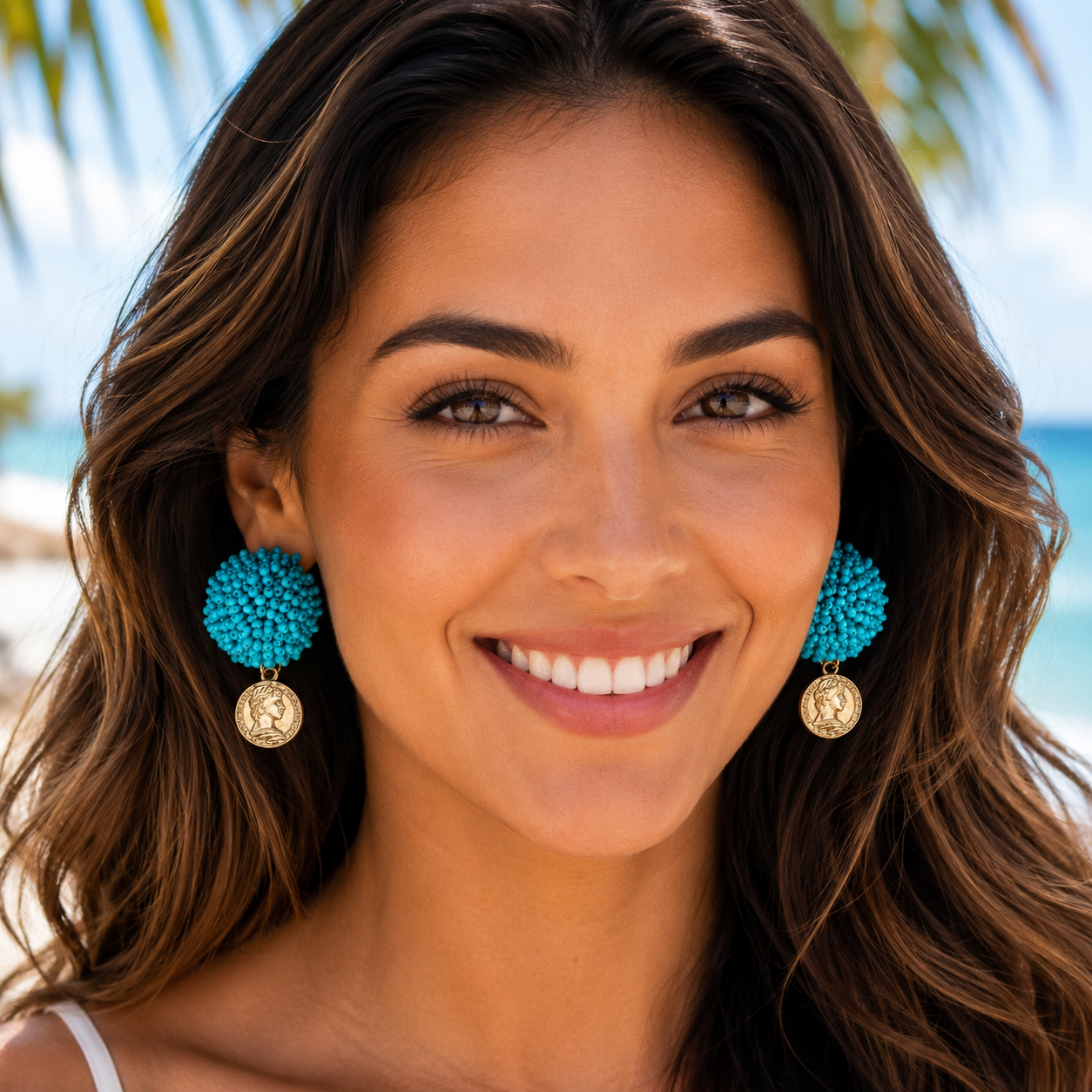 Colorful Hot Pink, Turquoise, or Royal Blue Beaded Coin Summer Earrings Gifts