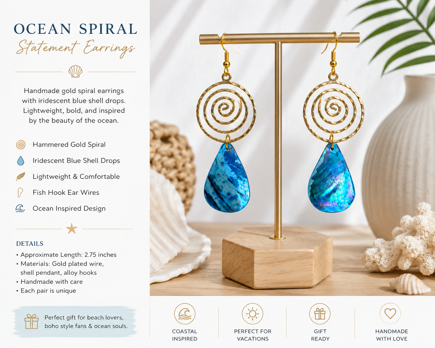 Bright Blue or Green Ocean Spiral Statement Shell Drop Earrings.  Summer Gift