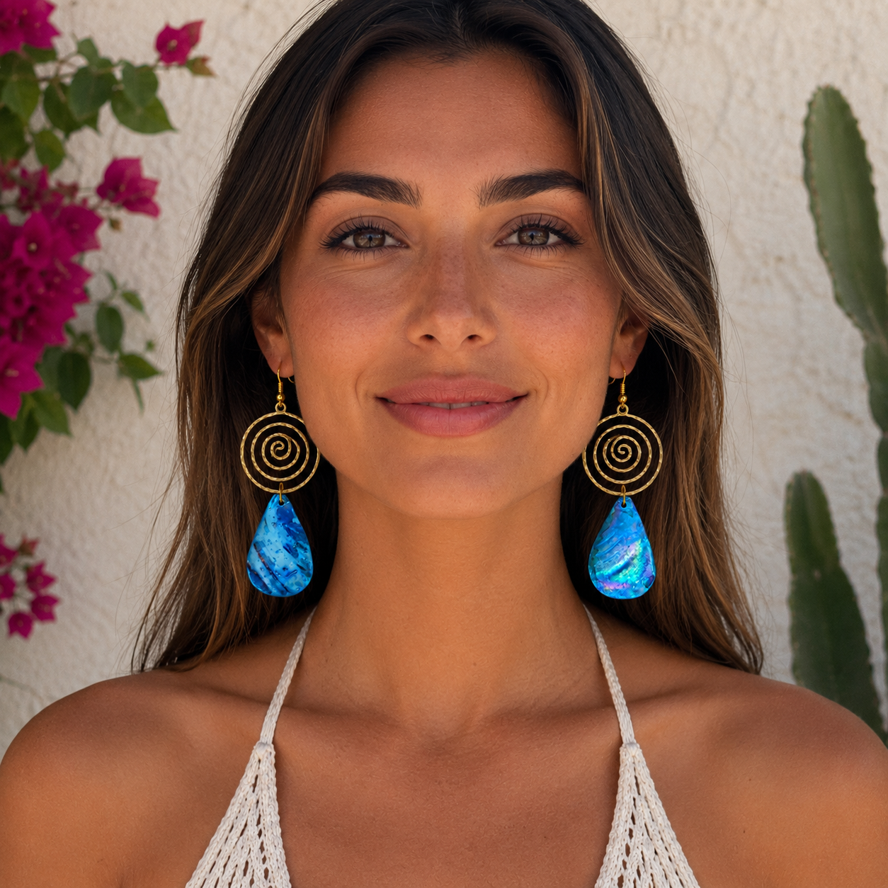 Bright Blue or Green Ocean Spiral Statement Shell Drop Earrings.  Summer Gift