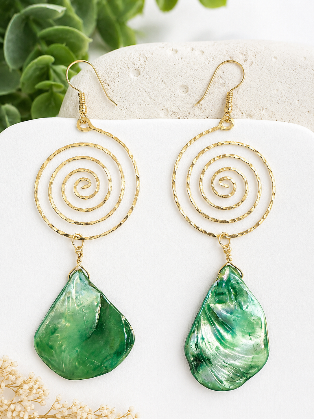 Bright Blue or Green Ocean Spiral Statement Shell Drop Earrings.  Summer Gift
