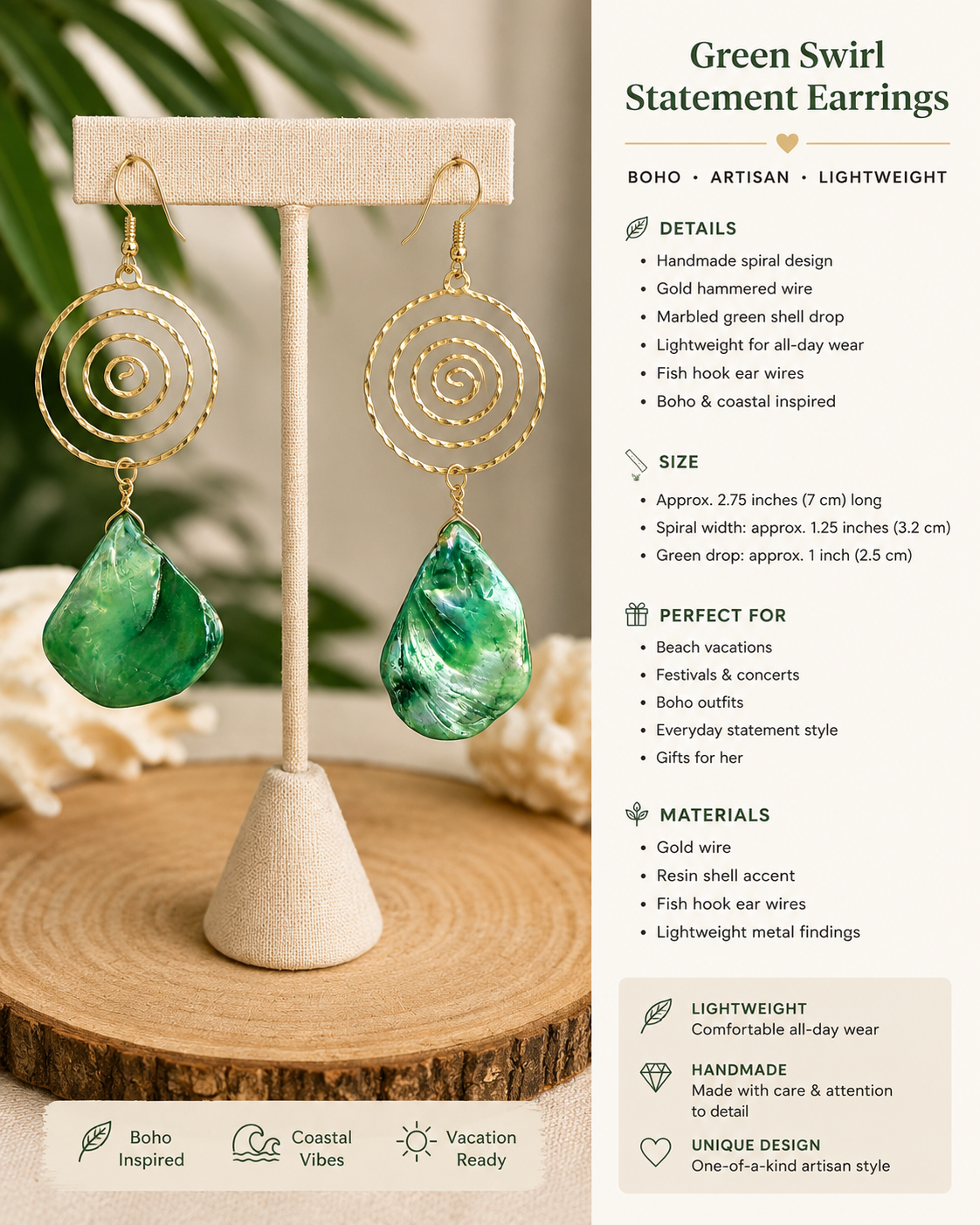 Bright Blue or Green Ocean Spiral Statement Shell Drop Earrings.  Summer Gift