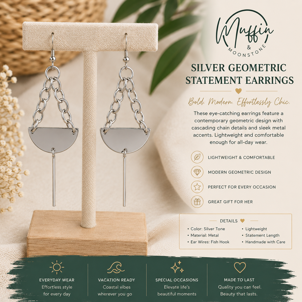 Silver Geometric Statement Earrings, Modern Chain Dangle Earrings Minimalist Metal Contemporary Boho Jewelry Lightweight Gift for Her