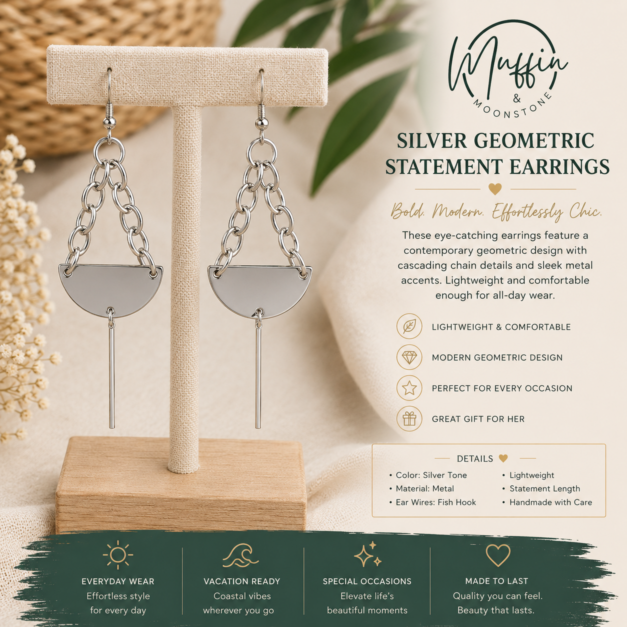 Silver Geometric Statement Earrings, Modern Chain Dangle Earrings Minimalist Metal Contemporary Boho Jewelry Lightweight Gift for Her