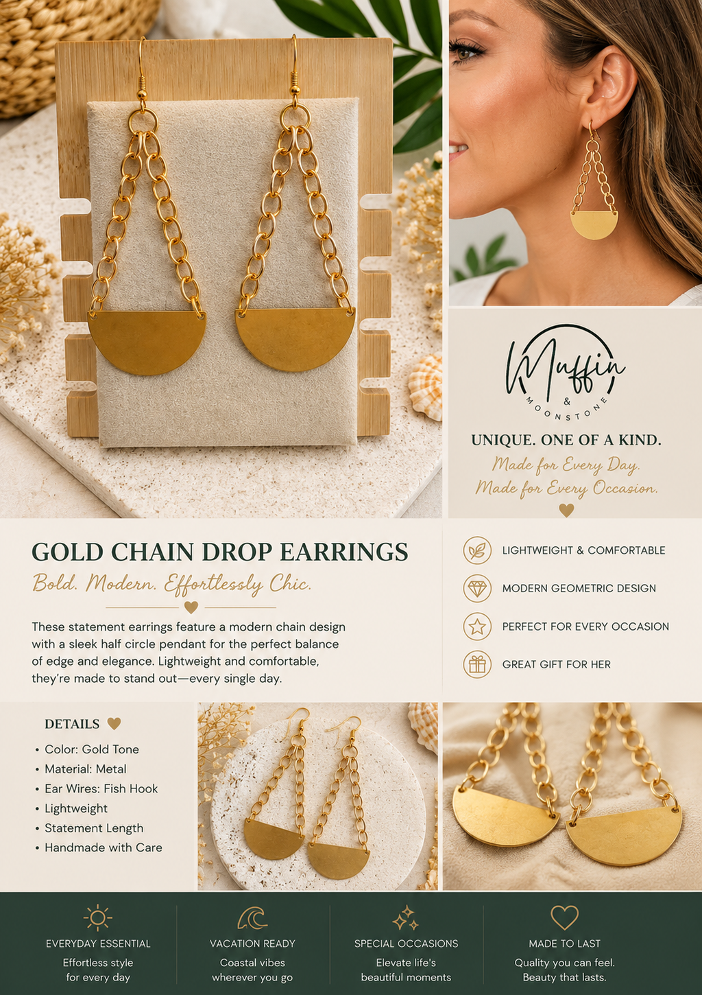 Large Gold Chain Statement Earrings Modern Geometric Dangle Earrings, Lightweight Gold Bold Contemporary Jewelry Trendy Gift for Her