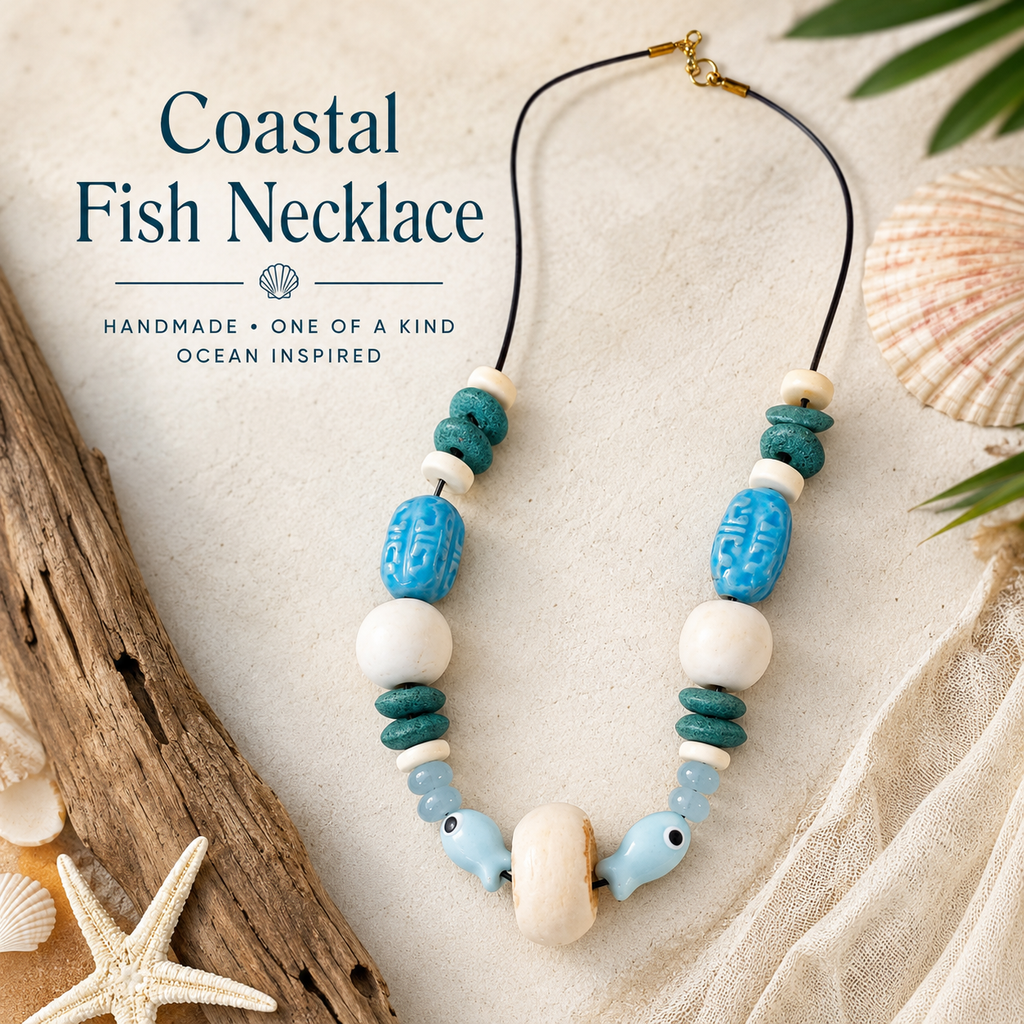 Blue Coastal Fish Bead Statement Necklace | Handmade Beach-Inspired Necklace | Ocean Jewelry | Boho Summer Necklace | Artisan Beaded Necklace