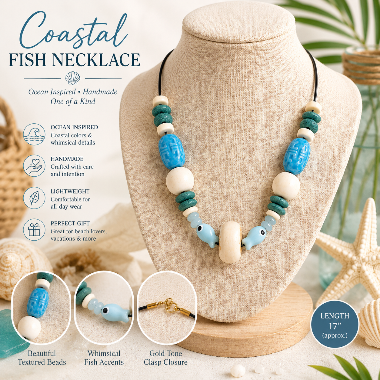 Blue Coastal Fish Bead Statement Necklace | Handmade Beach-Inspired Necklace | Ocean Jewelry | Boho Summer Necklace | Artisan Beaded Necklace