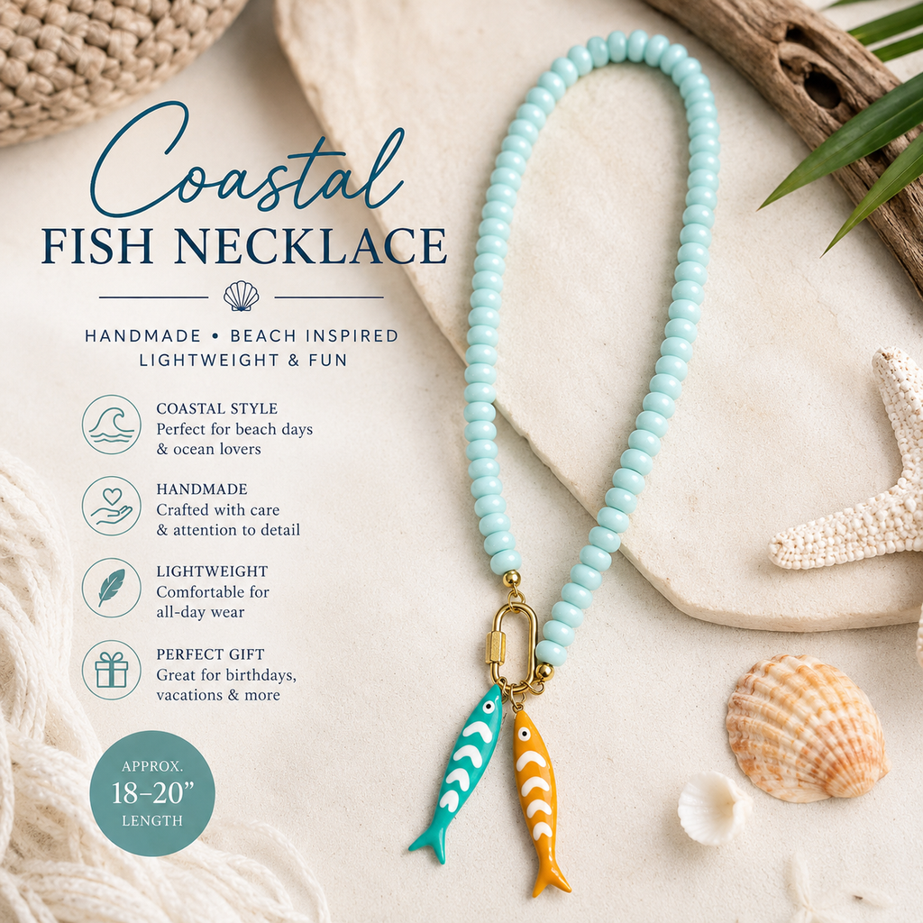 Coastal Fish Charm Necklace | Aqua Beaded Necklace | Beach Jewelry | Nautical Fish Pendant Necklace | Summer Statement Necklace | Ocean Lover Gift
