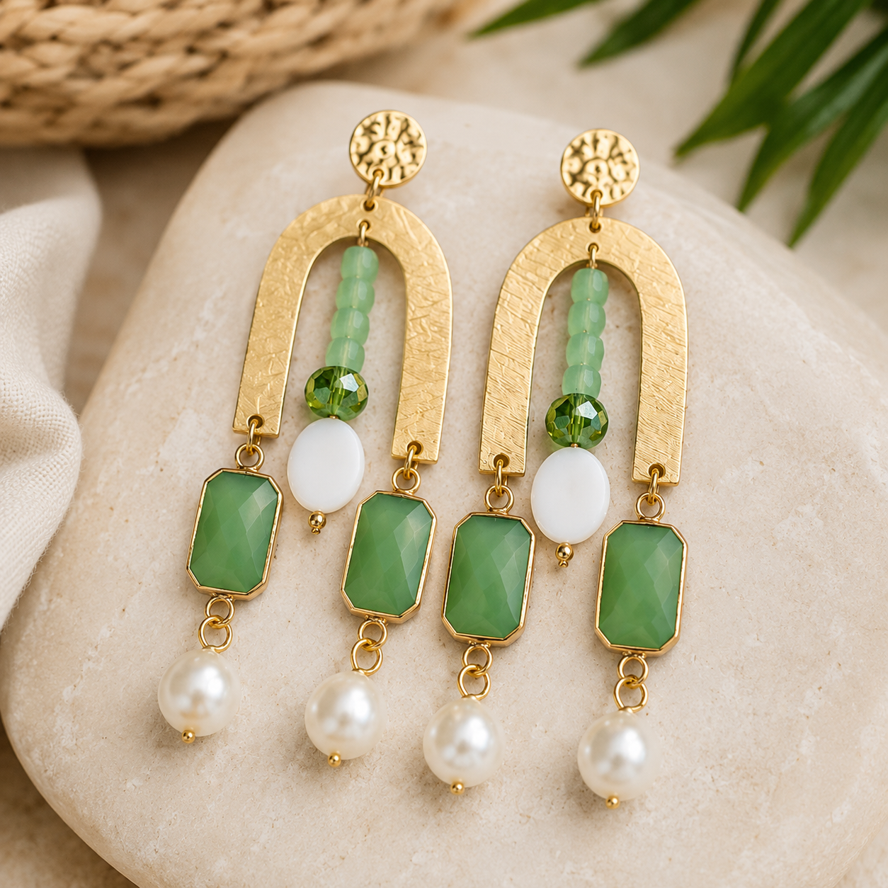 Green Boho Arch Earrings | Gold Statement Earrings | Pearl Drop Earrings | Sage Green Earrings | Handmade Dangle Earrings | Bohemian Jewelry