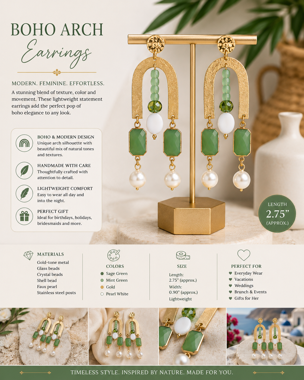 Green Boho Arch Earrings | Gold Statement Earrings | Pearl Drop Earrings | Sage Green Earrings | Handmade Dangle Earrings | Bohemian Jewelry