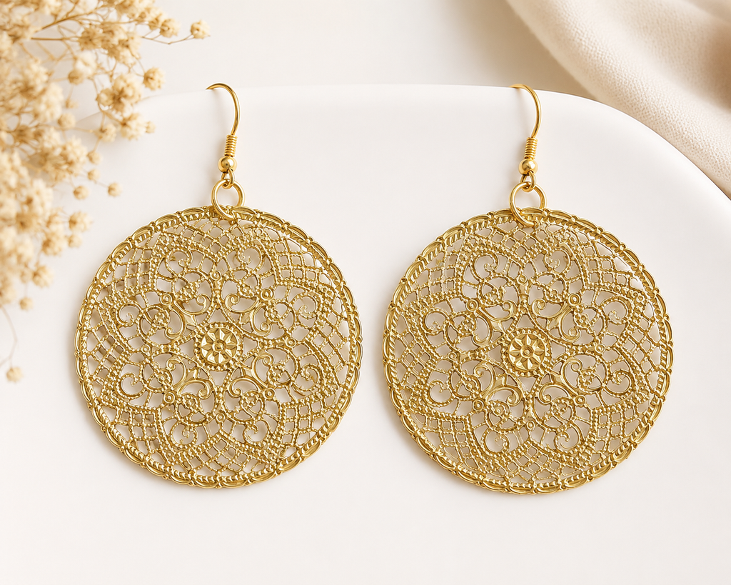 Large Gold Bold Filigree Statement Earrings, Lightweight Boho Disc Vintage Inspired Gold Dangle Earrings Festival Jewelry Gift for Her