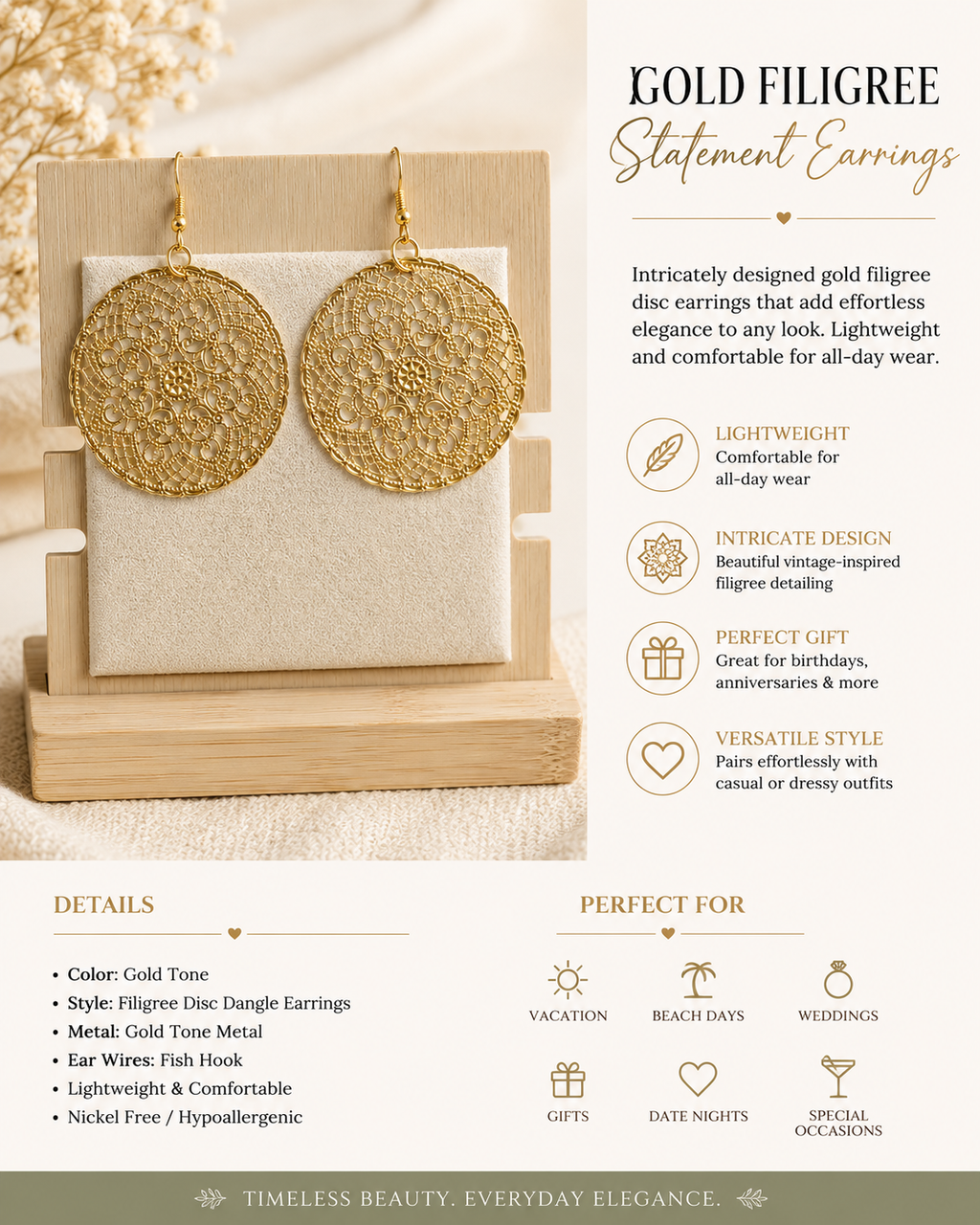 Large Gold Bold Filigree Statement Earrings, Lightweight Boho Disc Vintage Inspired Gold Dangle Earrings Festival Jewelry Gift for Her