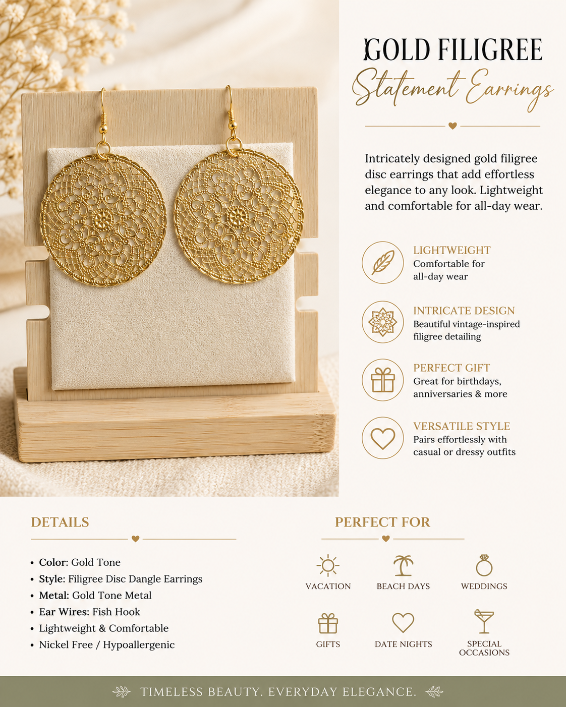 Large Gold Bold Filigree Statement Earrings, Lightweight Boho Disc Vintage Inspired Gold Dangle Earrings Festival Jewelry Gift for Her