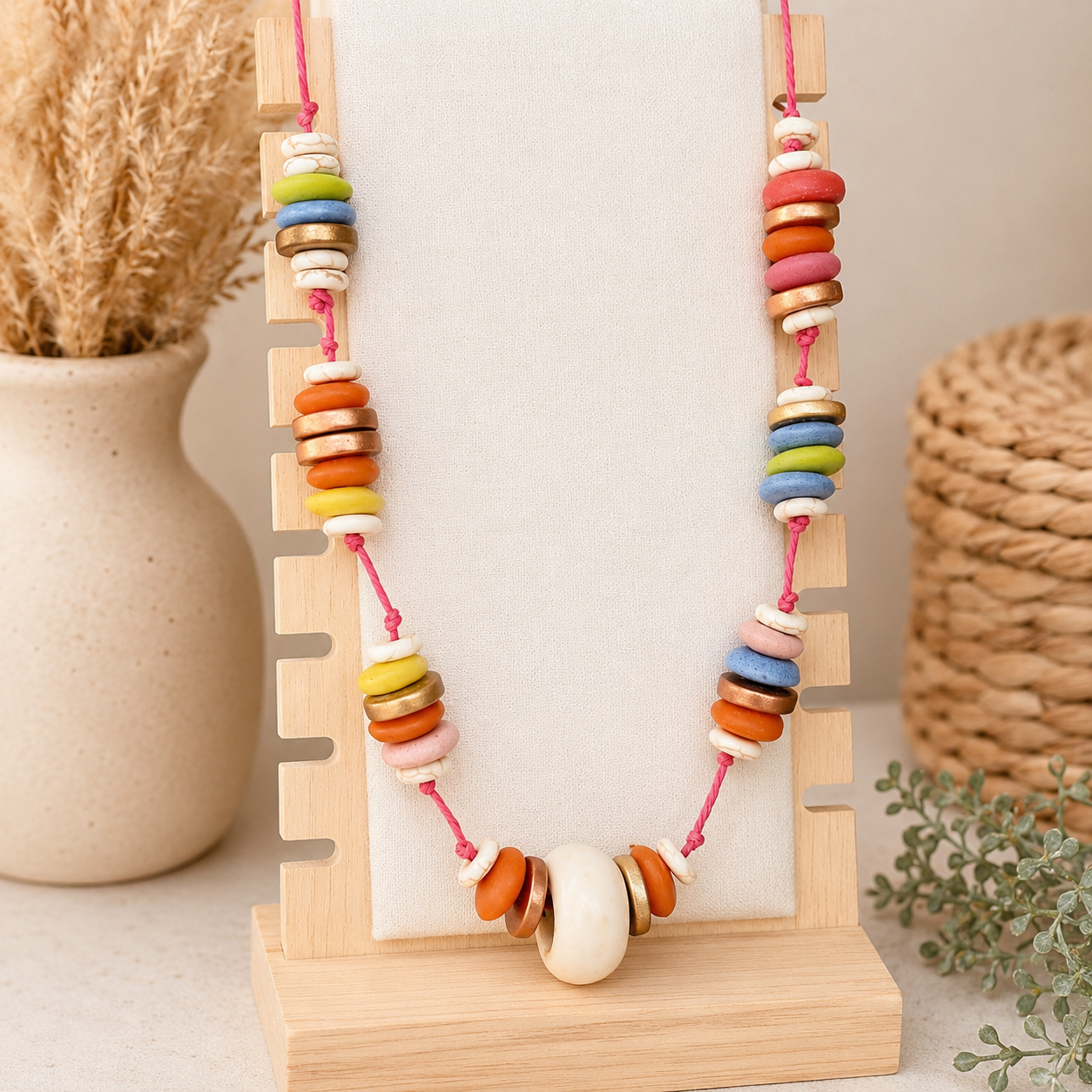 Colorful Beaded Statement Necklace | Handmade Boho Necklace | Pink Cord Necklace | Artisan Jewelry | One of a Kind Gift for Women