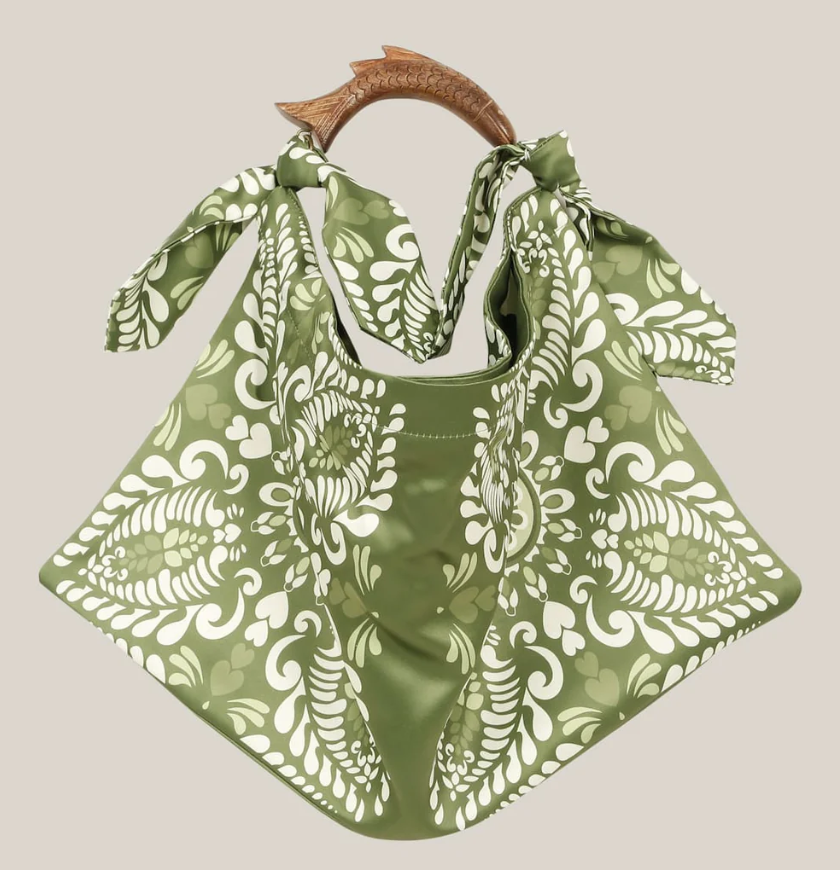 Silk Scarf Tote Bag With Wooden Fish Handle - Hats Off