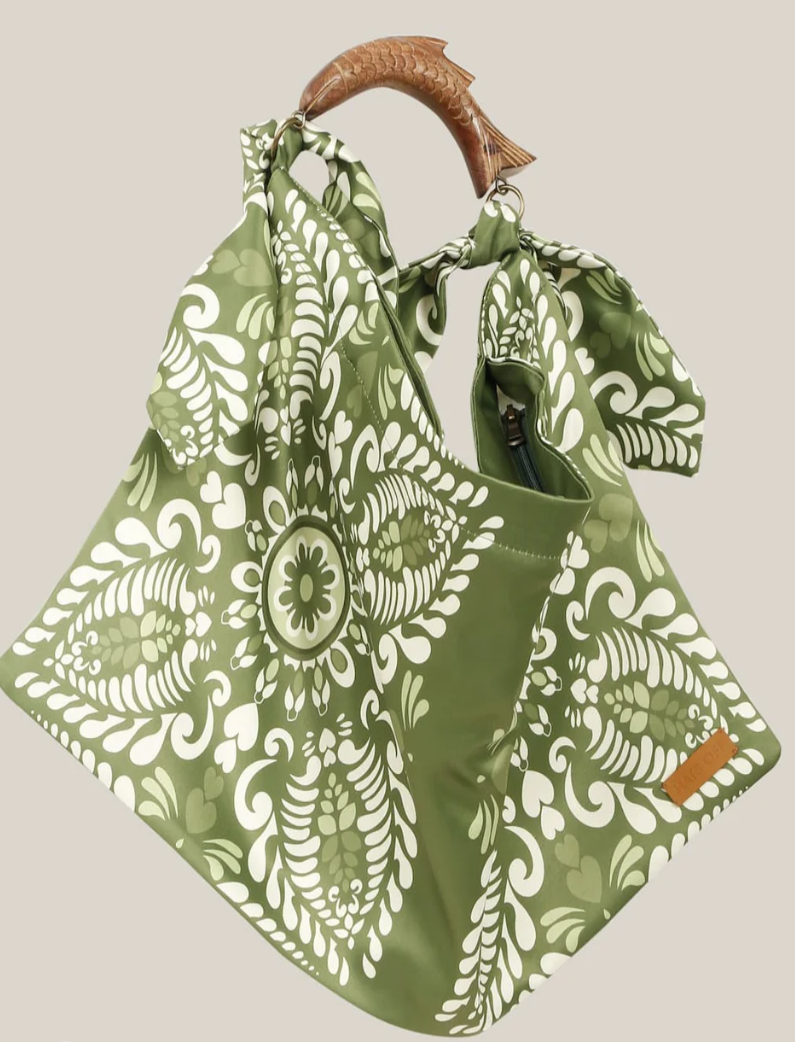 Silk Scarf Tote Bag With Wooden Fish Handle - Hats Off