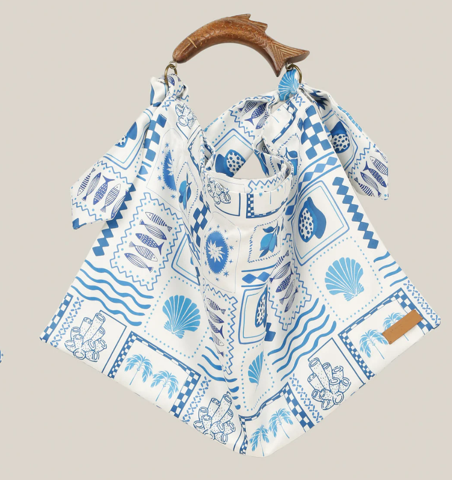Blue and white nautical beach Silk scarf tote shoulder bag.  Zipper and wooden fish handle