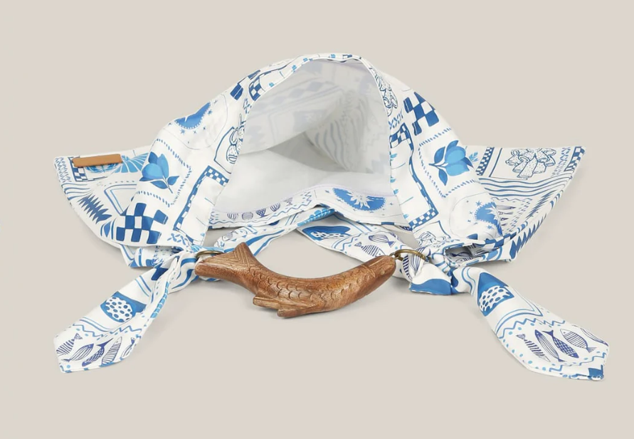 Blue and white nautical beach Silk scarf tote shoulder bag.  Zipper and wooden fish handle