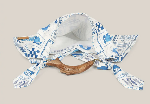 Blue and white nautical beach Silk scarf tote shoulder bag.  Zipper and wooden fish handle