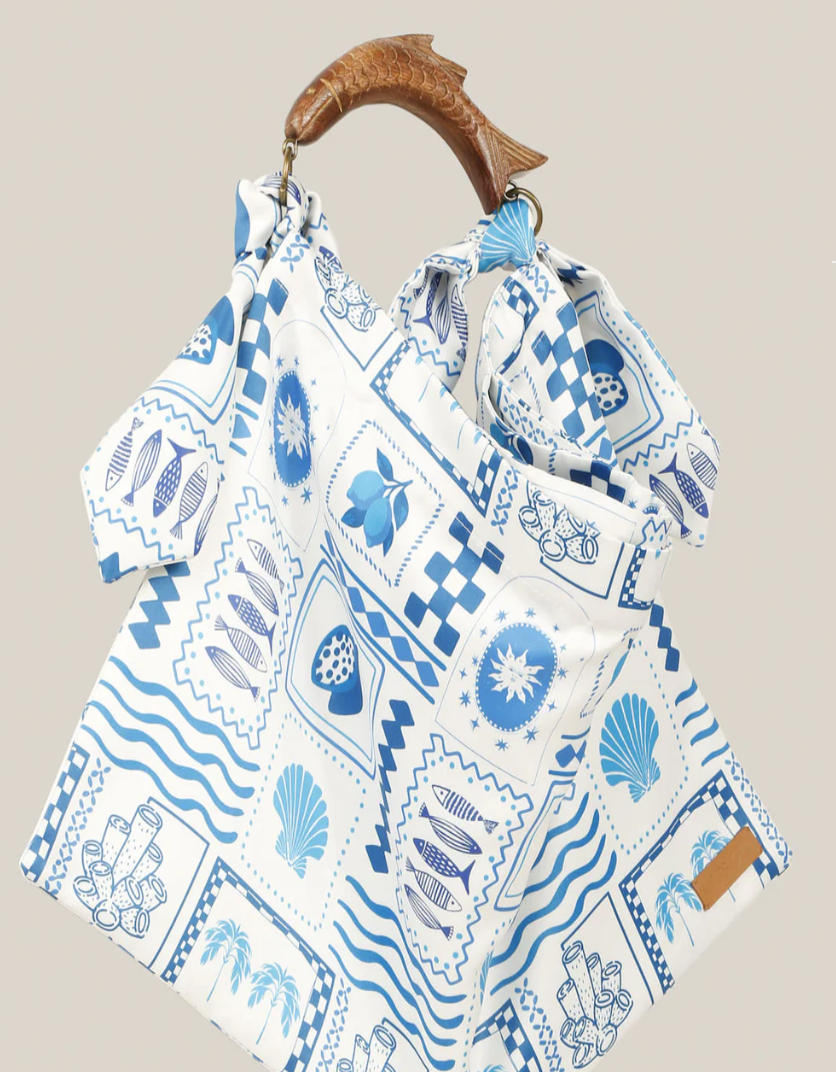 Blue and white nautical beach Silk scarf tote shoulder bag.  Zipper and wooden fish handle