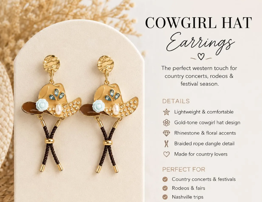 Western Cowgirl Hat Earrings Country Concert Earrings Rodeo Jewelry Nashville Outfit Accessories Boho Country Fest Dangle Earrings