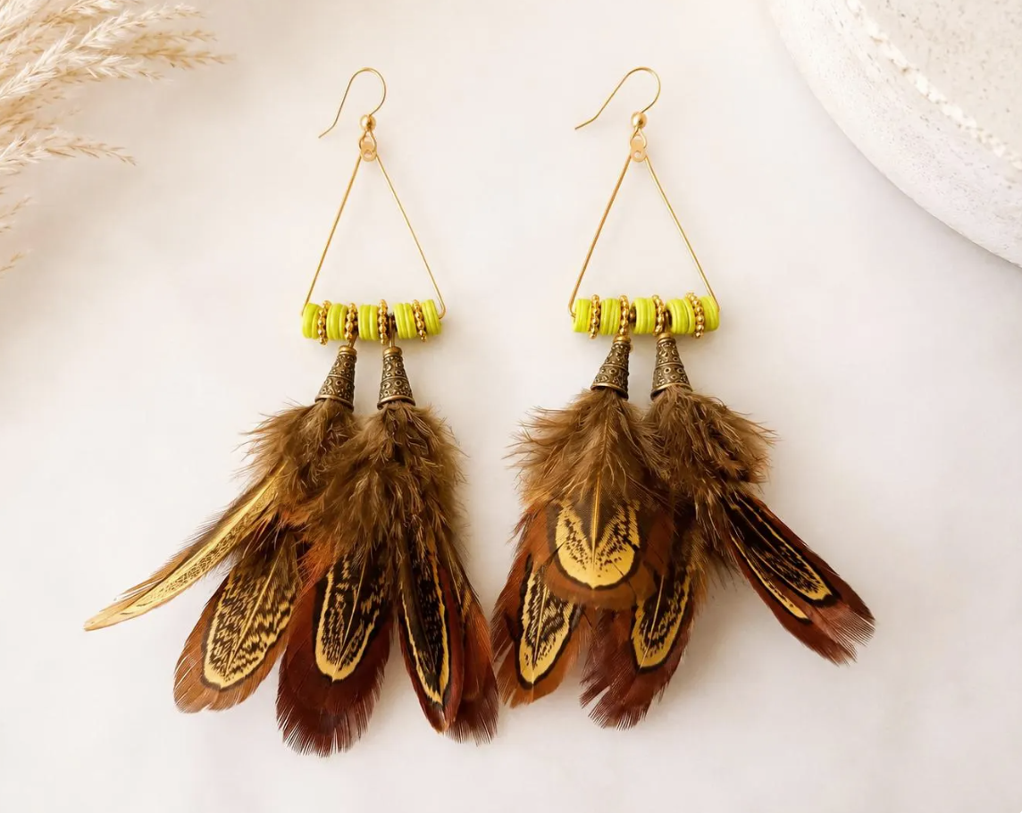 Handmade Feather Statement Earrings – Boho Tribal Dangle, Lime Green Accent Beads