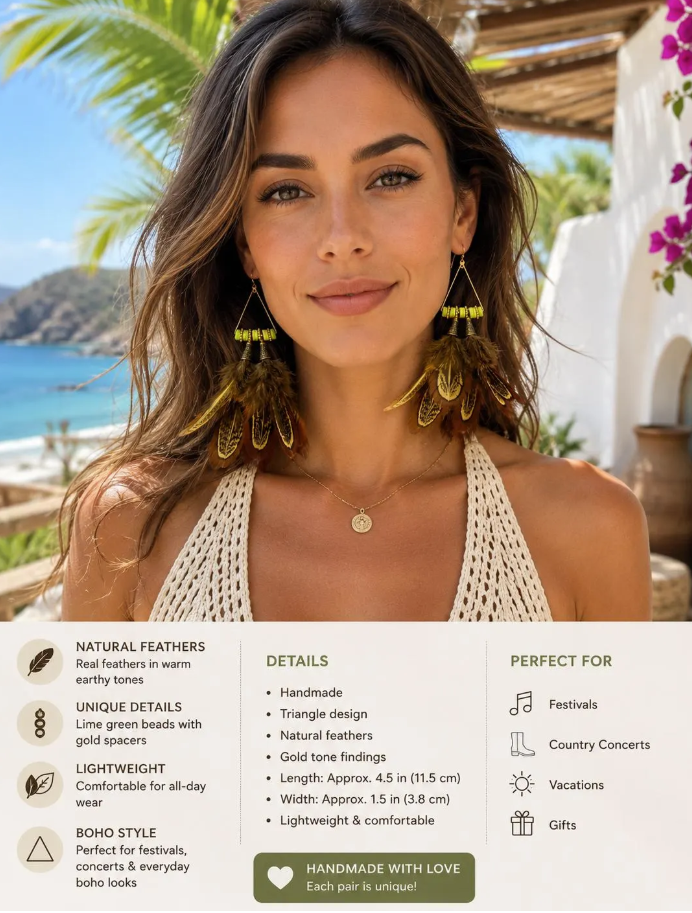 Handmade Feather Statement Earrings – Boho Tribal Dangle, Lime Green Accent Beads