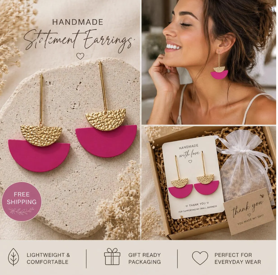Red or Hot Pink Geometric Statement Earrings Lightweight Gold Dangle Vacation Jewelry