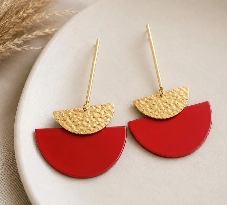 Red or Hot Pink Geometric Statement Earrings Lightweight Gold Dangle Vacation Jewelry