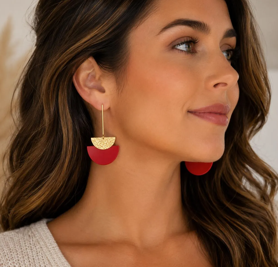 Red or Hot Pink Geometric Statement Earrings Lightweight Gold Dangle Vacation Jewelry