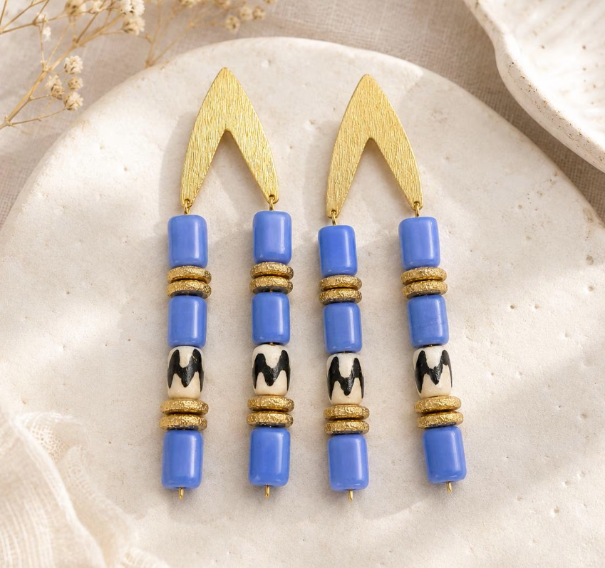 Periwinkle Blue Gold Geometric Beaded Dangle Earrings Boho Chic Artisan Jewelry