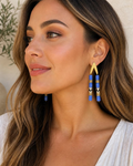 Periwinkle Blue Gold Geometric Beaded Dangle Earrings Boho Chic Artisan Jewelry