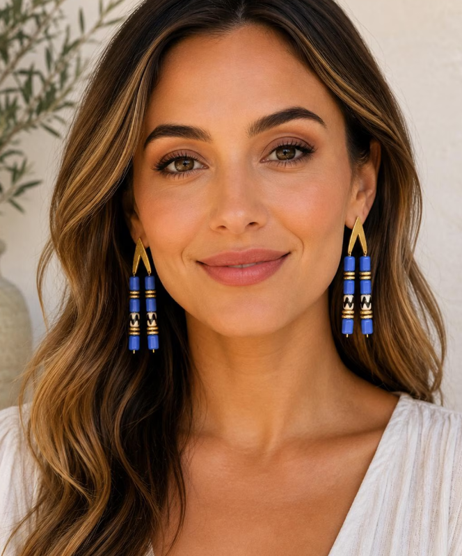 Periwinkle Blue Gold Geometric Beaded Dangle Earrings Boho Chic Artisan Jewelry