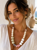 Handmade Chunky Beaded Statement Necklace: Pastel Boho Coastal Jewelry – Adjustable Cord