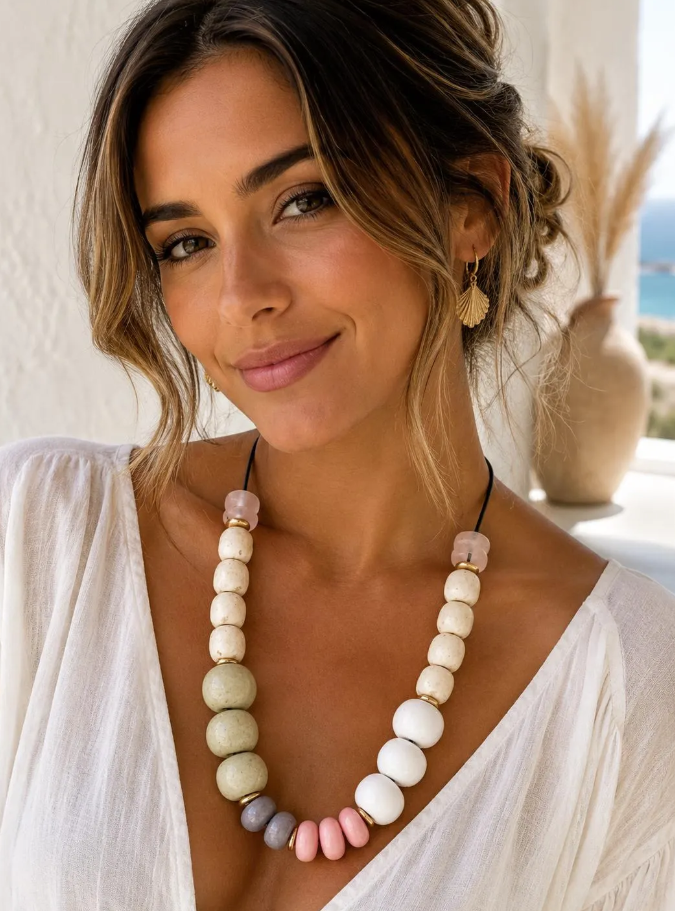 Handmade Chunky Beaded Statement Necklace: Pastel Boho Coastal Jewelry – Adjustable Cord